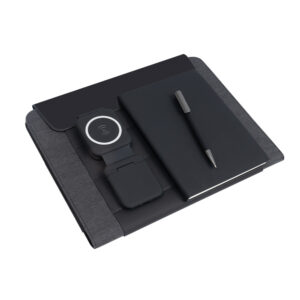 Corporate tech portfolio gift set with notebook, pen and 3-in-1 wireless charger inside a laptop case.