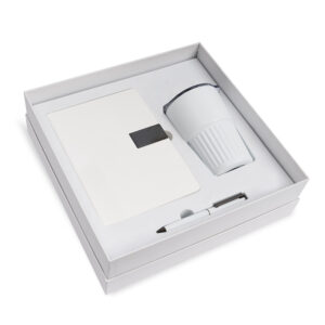 Daily Use Set corporate gift box with PU notebook, ceramic coffee mug with sleeve, and metal ballpoint pen arranged in a premium rigid gift box.