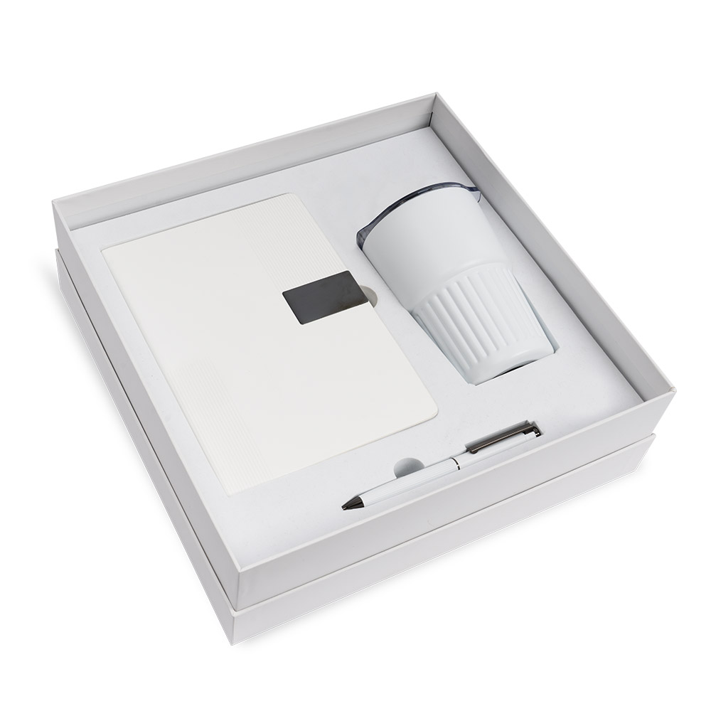 Daily Use Set corporate gift box with PU notebook, ceramic coffee mug with sleeve, and metal ballpoint pen arranged in a premium rigid gift box.