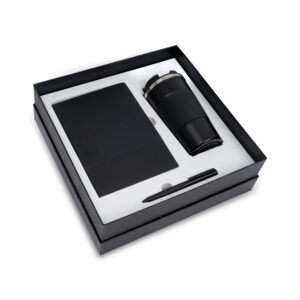 Corporate gift set with notebook, insulated travel mug, and metal pen in premium presentation box.