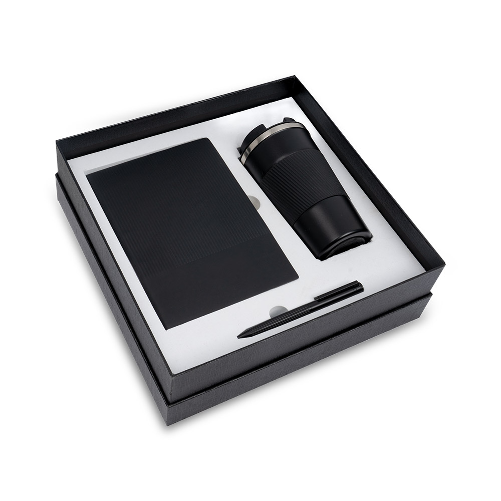 Corporate gift set with notebook, insulated travel mug, and metal pen in premium presentation box.